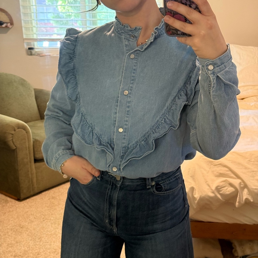 Denim Ruffle Button-Up Shirt